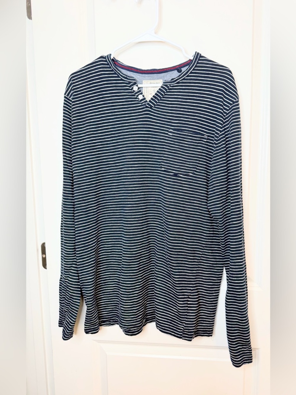 Genuine Goods Men’s XXL Striped Henley Shirt Navy White Pocket Long Sleeve